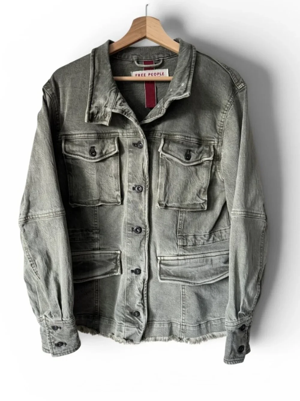 Free People Harley Military Shacket Utility Distressed Pockets Frayed Hem Sm - Picture 1 of 16